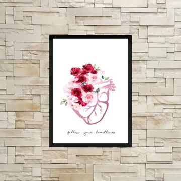 Quadro coração com flores frase follow (a3- com vidro)
