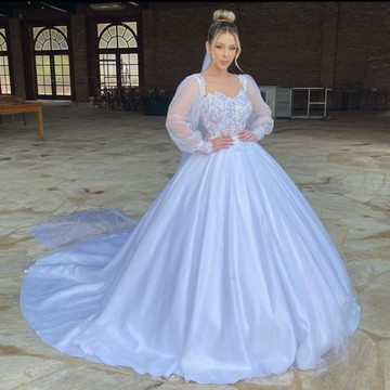 Vestido de Noiva Casamento Estilo Princesa Super Luxo com Cauda Longa  Rendado Vestido de Noiva Princesa Rendado Manga Longa (38, BRANCO)