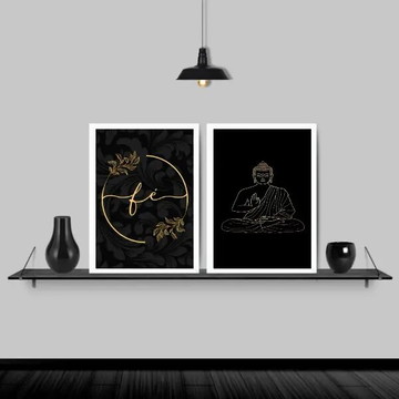 Kit 2 quadros buda fé preto com dourado - a4 com vidro