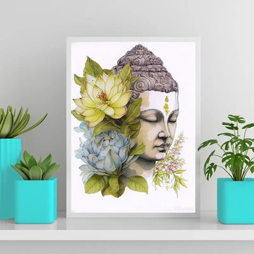 Quadro aquarela buda com flores-a4 com vidro