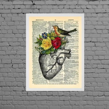 Quadro coração com flores e pássaro-a4 com vidro