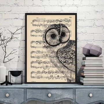 Quadro coruja com partitura-a4 com vidro