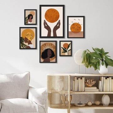 Kit composição 6 quadros bohos lua com mulheres negras