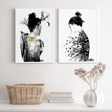Kit 2 quadros mulheres árvores pássaros lua-a4 com vidro