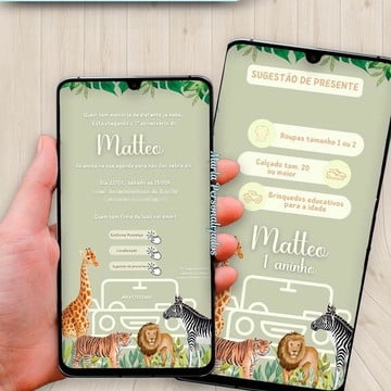Convite interativo safari com lista com sugestão de presente