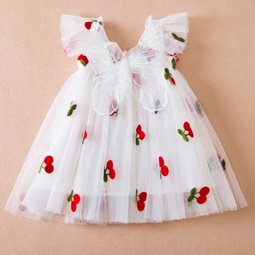Vestido infantil luna em tule com cerejinhas e borboleta