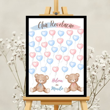Quadro decoração chá revelação ursos assinatura aposta 33x43