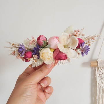Arranjo para cabelo / grinalda de flores fúcsia e roxo