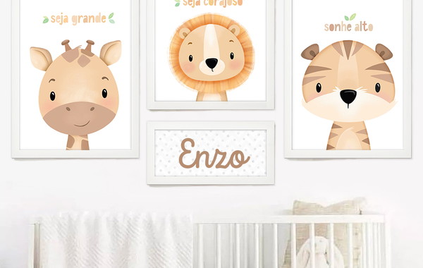 Kit 3 Quadros Decorativos Desenho Infantil Leão Girafa e Macaco - Deliquadros