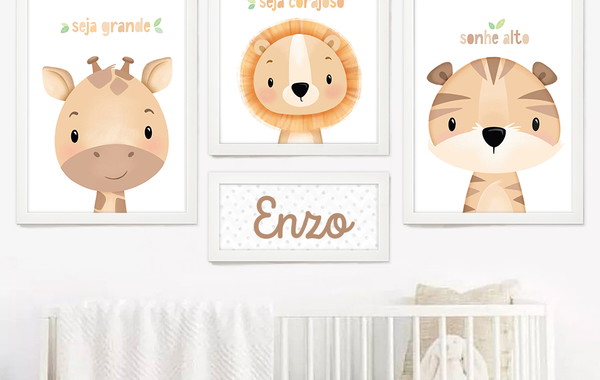 Kit 3 Quadros Decorativos Desenho Infantil Leão Girafa e Macaco -  Deliquadros