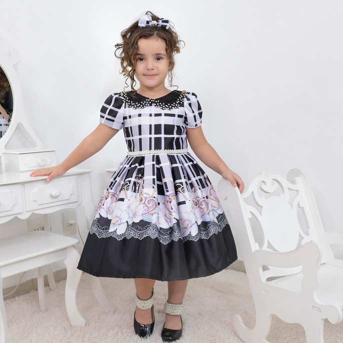 Imagem 1 - Vestido infantil floral preto com bordados em perolas