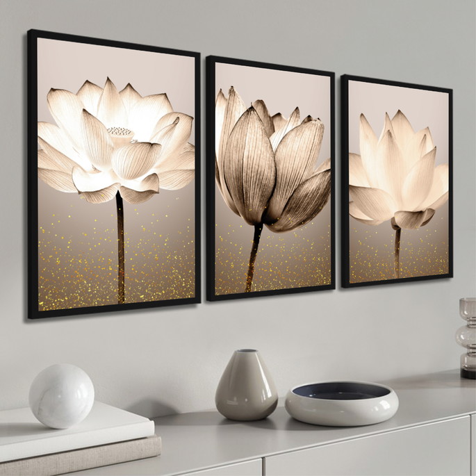 Imagem 1 - Kit 3 Quadros Decorativos Flores para Sala Modernos Moldura