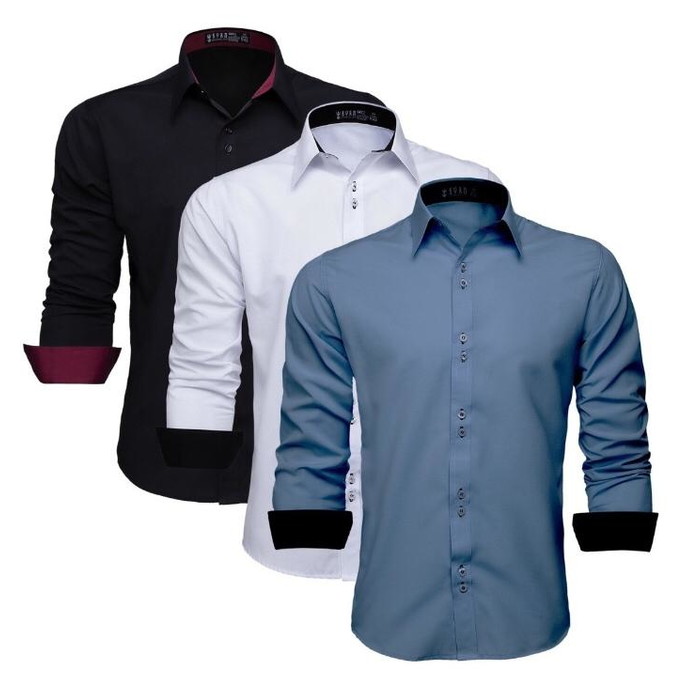 Imagem 1 - Kit 3 Camisas Social Masculina Manga Longa Lisa Slim Blusa