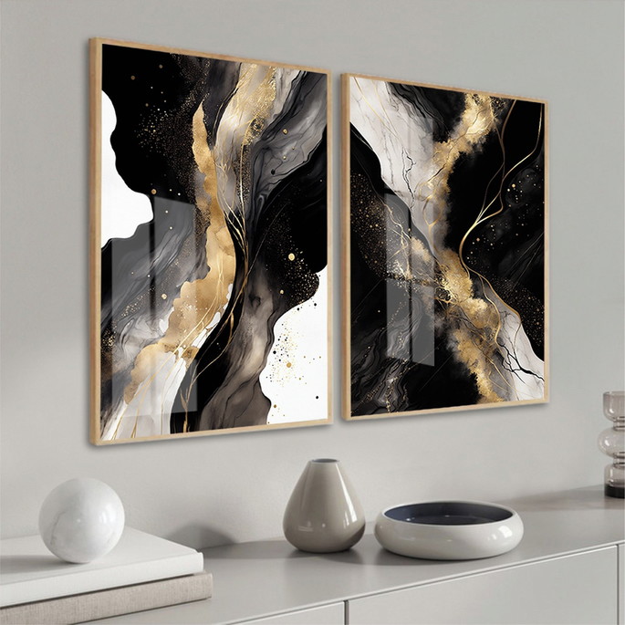 Imagem 1 - Quadros Decorativos Abstrato Preto Dourado Moldura e Vidro