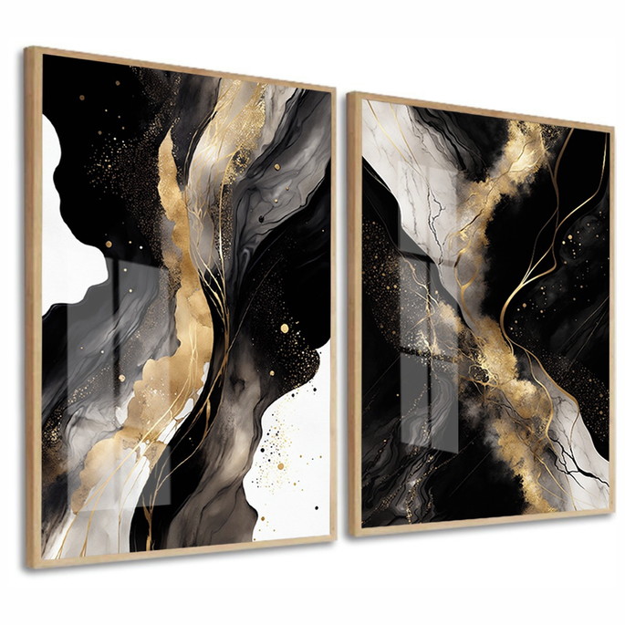 Imagem 2 - Quadros Decorativos Abstrato Preto Dourado Moldura e Vidro