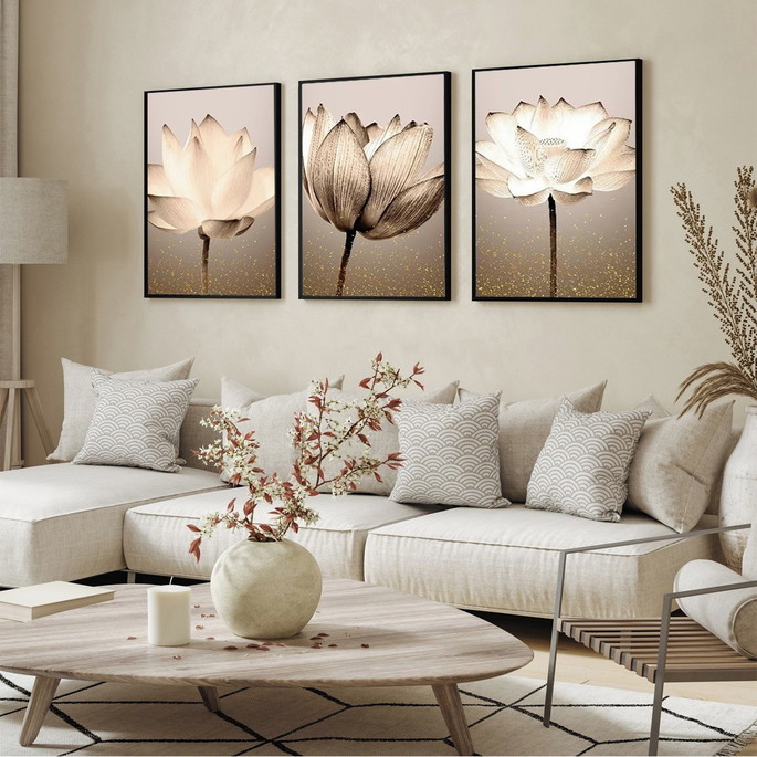 Imagem 2 - Kit 3 Quadros Decorativos Flores para Sala Modernos Moldura