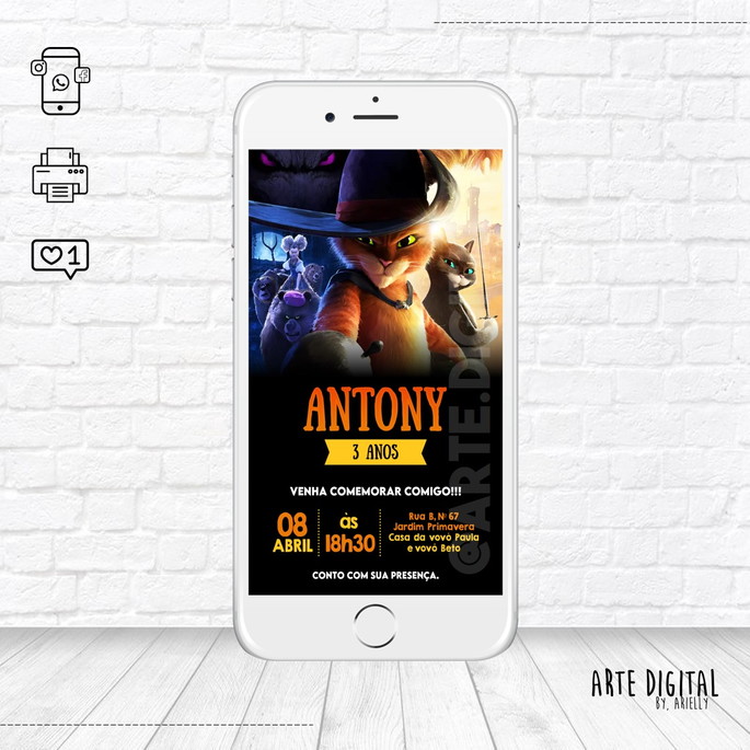 Imagem 1 - Convite Virtual, Gato de Botas