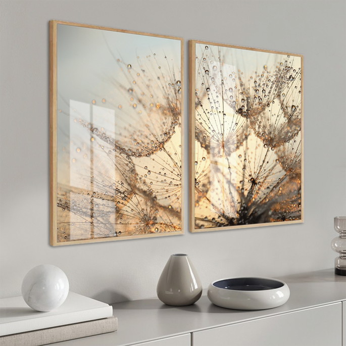 Imagem 1 - Kit 2 Quadros Decorativos Dente de Leão Flores Moldura Vidro