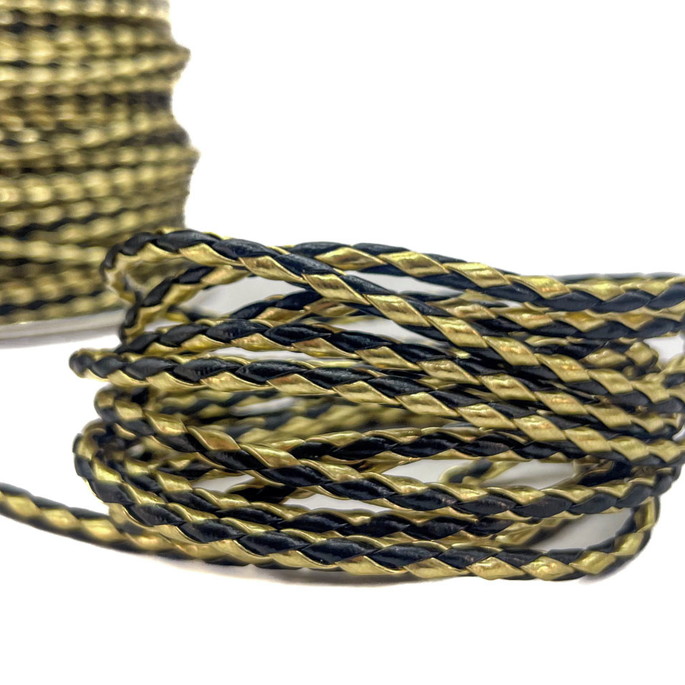 Imagem 1 - Cordão Couro Trançado 4 mm 10 mm - Dourado com Azul
