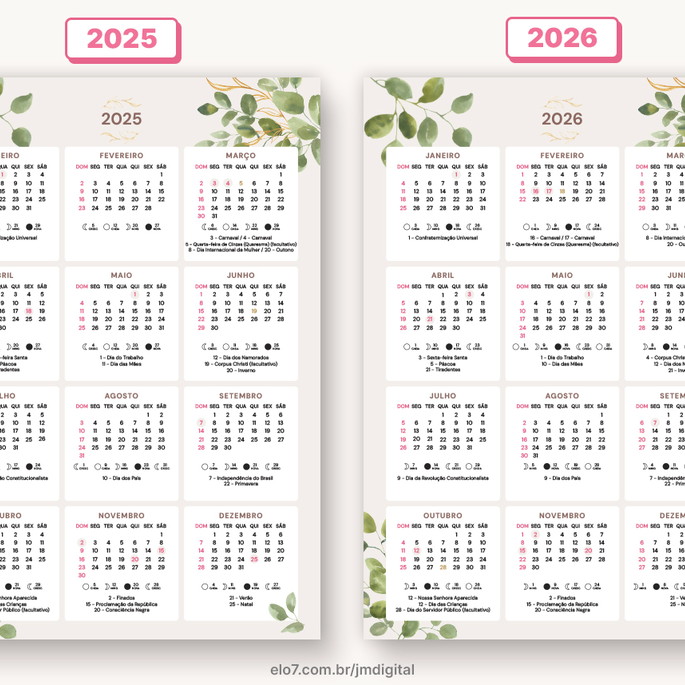 Kit Digital Calendário 2025 e 2026 para Imprimir A4 Elo7