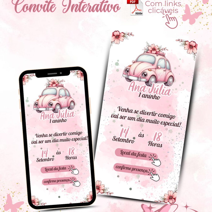 Imagem 1 - Convite Digital Interativo -fusca Rosa