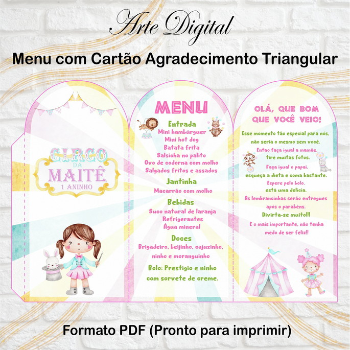 Imagem 1 - Menu Triangular com Agradecimento Digital Circo Menina