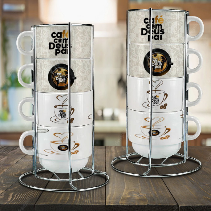 Imagem 1 - Kit com 4 Xícaras com Suporte - Café com Deus Pai