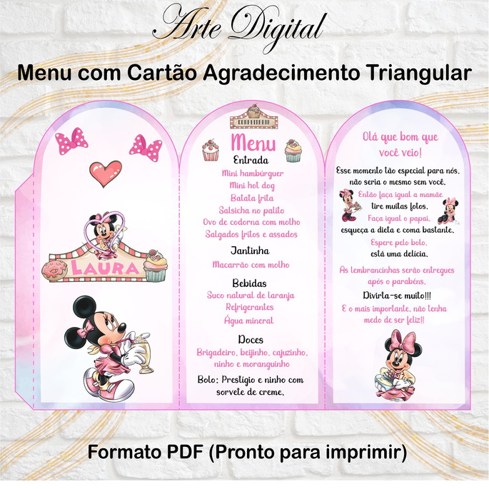 Imagem 1 - Menu Triangular com Agradecimento Digital Minnie Confeiteira