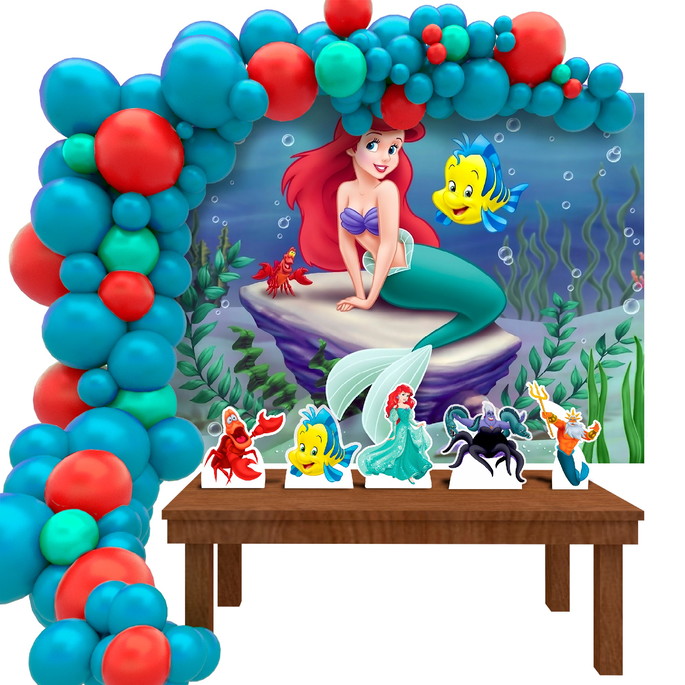 Imagem 1 - Kit Festa Ouro Painel + Display + Fita Ariel Pequena Sereia