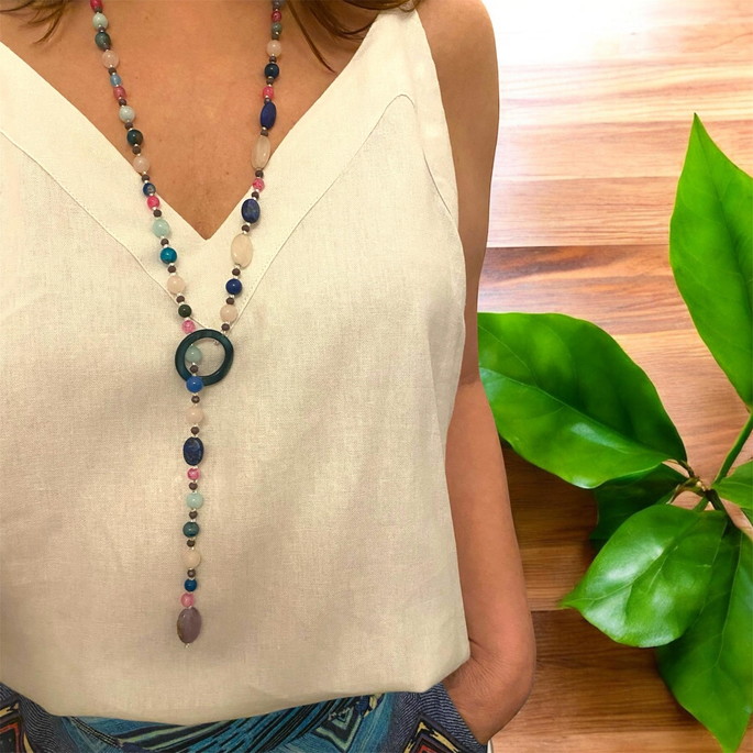 Imagem 1 - Colar Pashmina de Pedra Ágata Azul Quartzo Rosa e Ametista