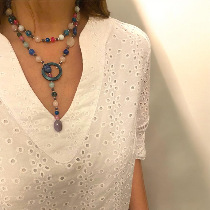 Imagem 4 - Colar Pashmina de Pedra Ágata Azul Quartzo Rosa e Ametista