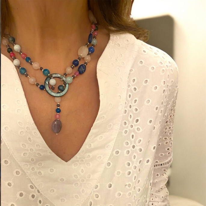 Imagem 5 - Colar Pashmina de Pedra Ágata Azul Quartzo Rosa e Ametista