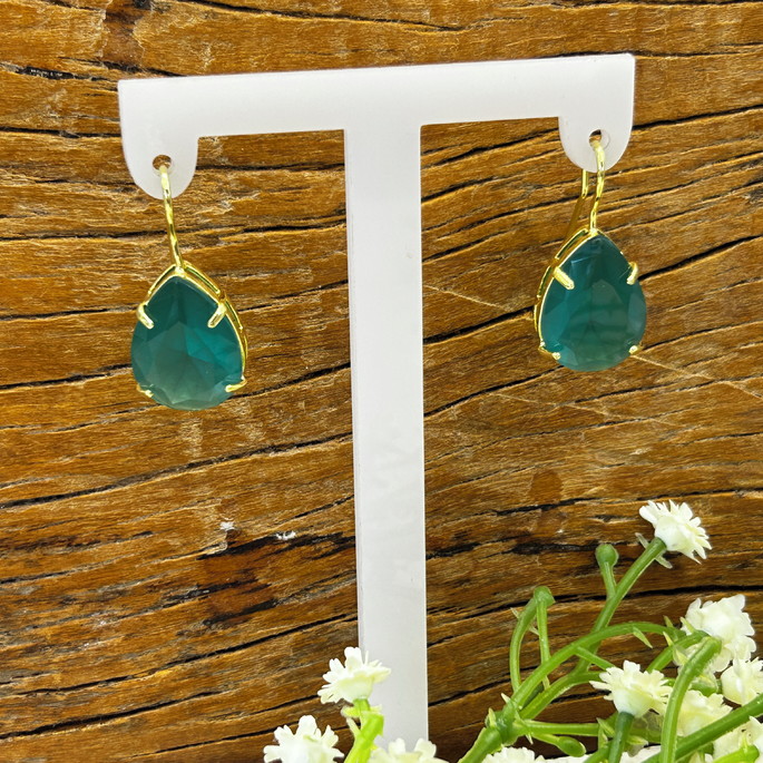 Imagem 2 - Brinco Gancho Gota Cristal Verde Água - Banho Ouro 18