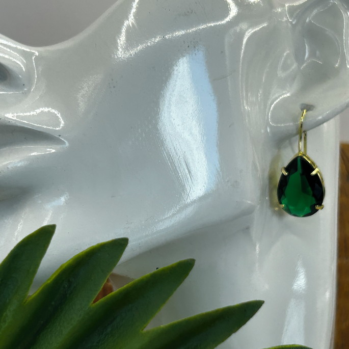 Imagem 1 - Brinco Gancho Gota Cristal Verde Esmeralda - Banho Ouro 18