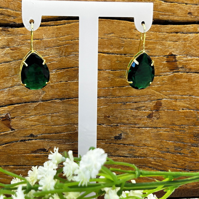 Imagem 3 - Brinco Gancho Gota Cristal Verde Esmeralda - Banho Ouro 18