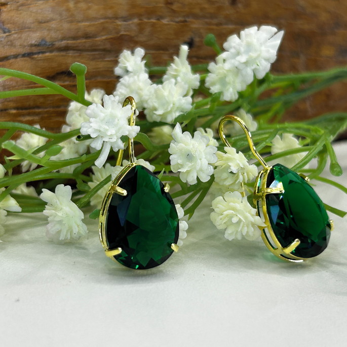 Imagem 4 - Brinco Gancho Gota Cristal Verde Esmeralda - Banho Ouro 18