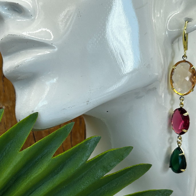 Imagem 1 - Brinco Gancho Cristais Coloridos -banho Ouro 18k
