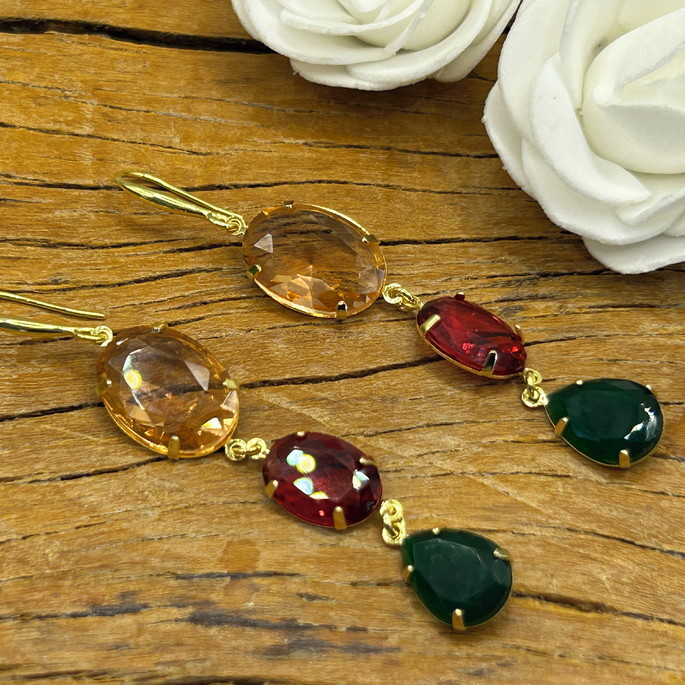 Imagem 4 - Brinco Gancho Cristais Coloridos -banho Ouro 18k