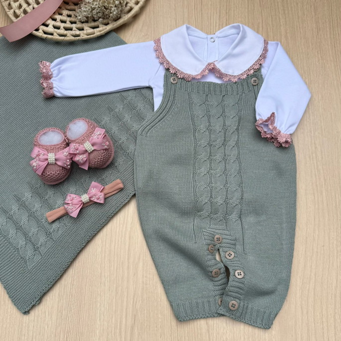 Imagem 1 - Saída de Maternidade Menina Jardineira Verde Completa Tricot