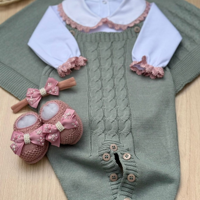 Imagem 2 - Saída de Maternidade Menina Jardineira Verde Completa Tricot