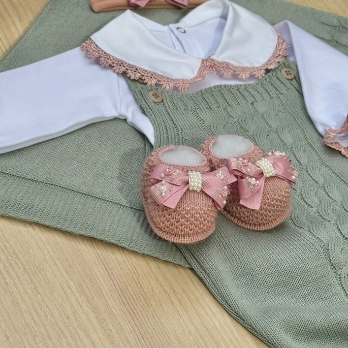 Imagem 5 - Saída de Maternidade Menina Jardineira Verde Completa Tricot