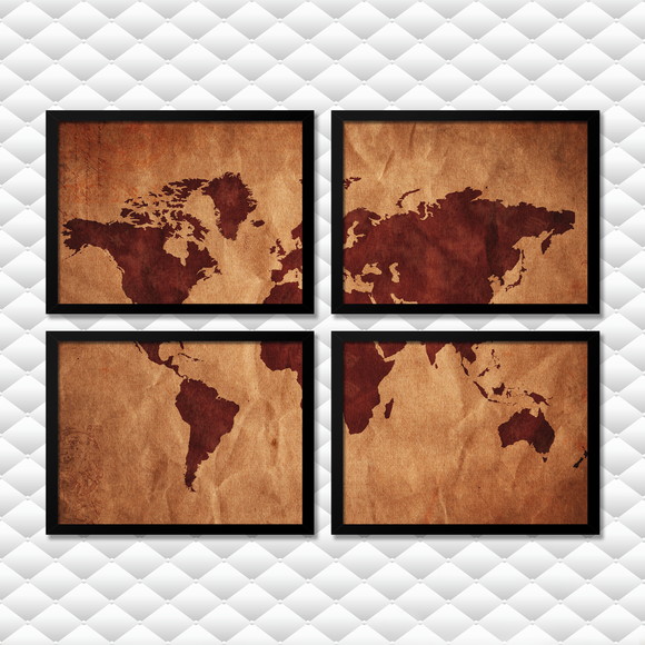 QUADROS MAPA DO MUNDO VINTAGE RETRÔ - MOLDURA VIDRO - T2M2 ...