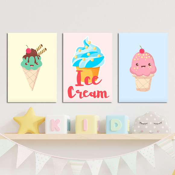 Kit 3 quadros placas decorativas sorvete ice cream - 10s