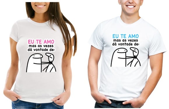 Camiseta Casal Kit Meme Palito Eu Te Amo Mas Da Vontade Plus