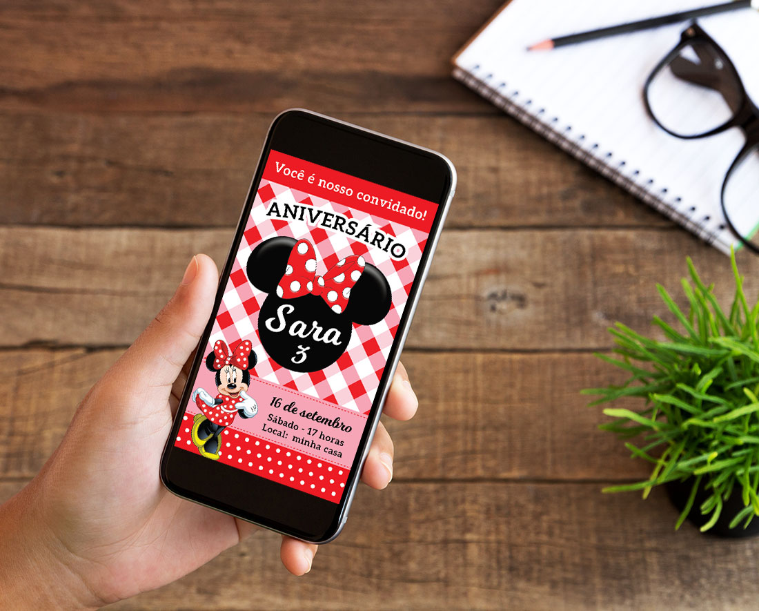 Convite Digital de Aniversário Minnie para Whatsapp