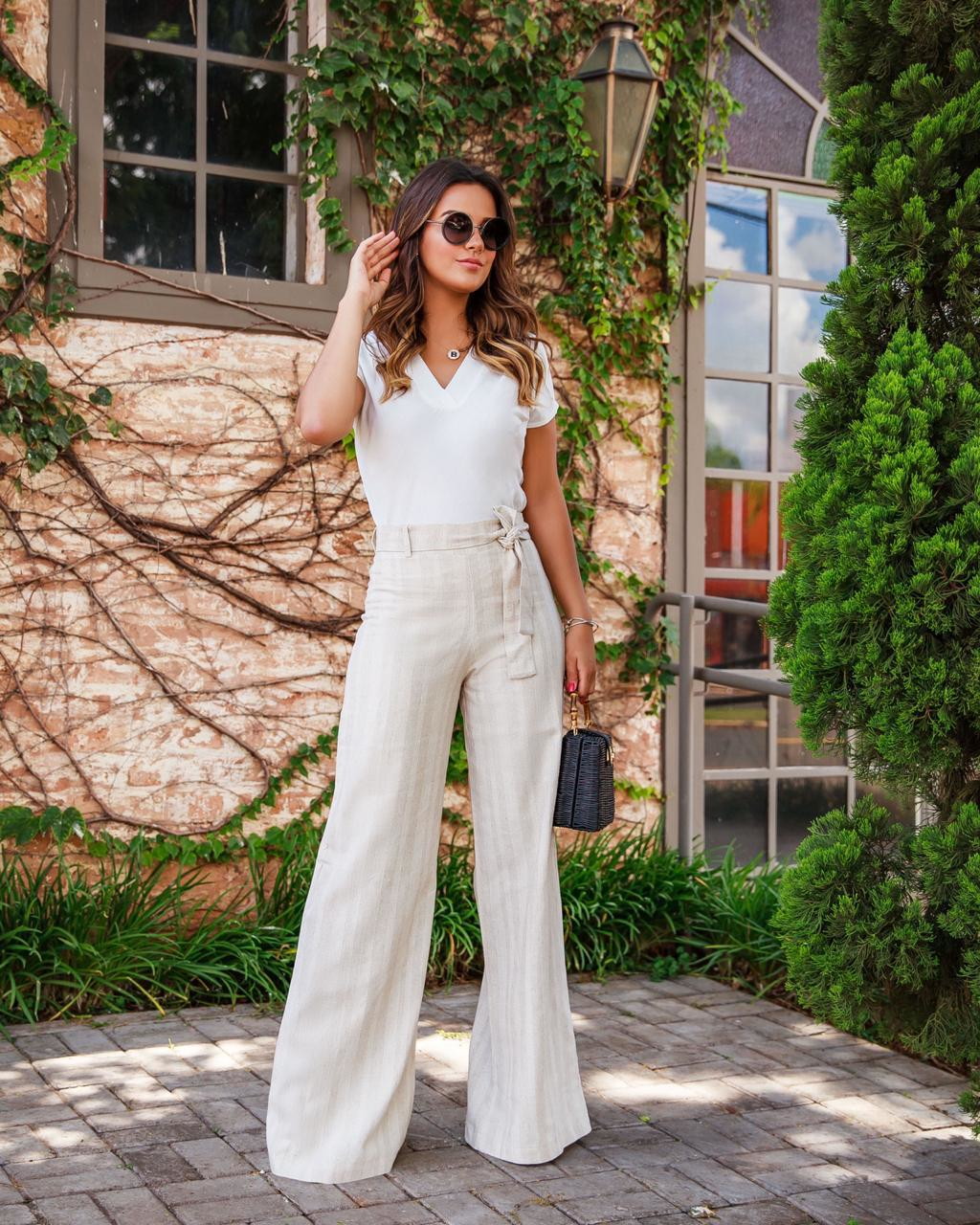calça pantalona branca de linho