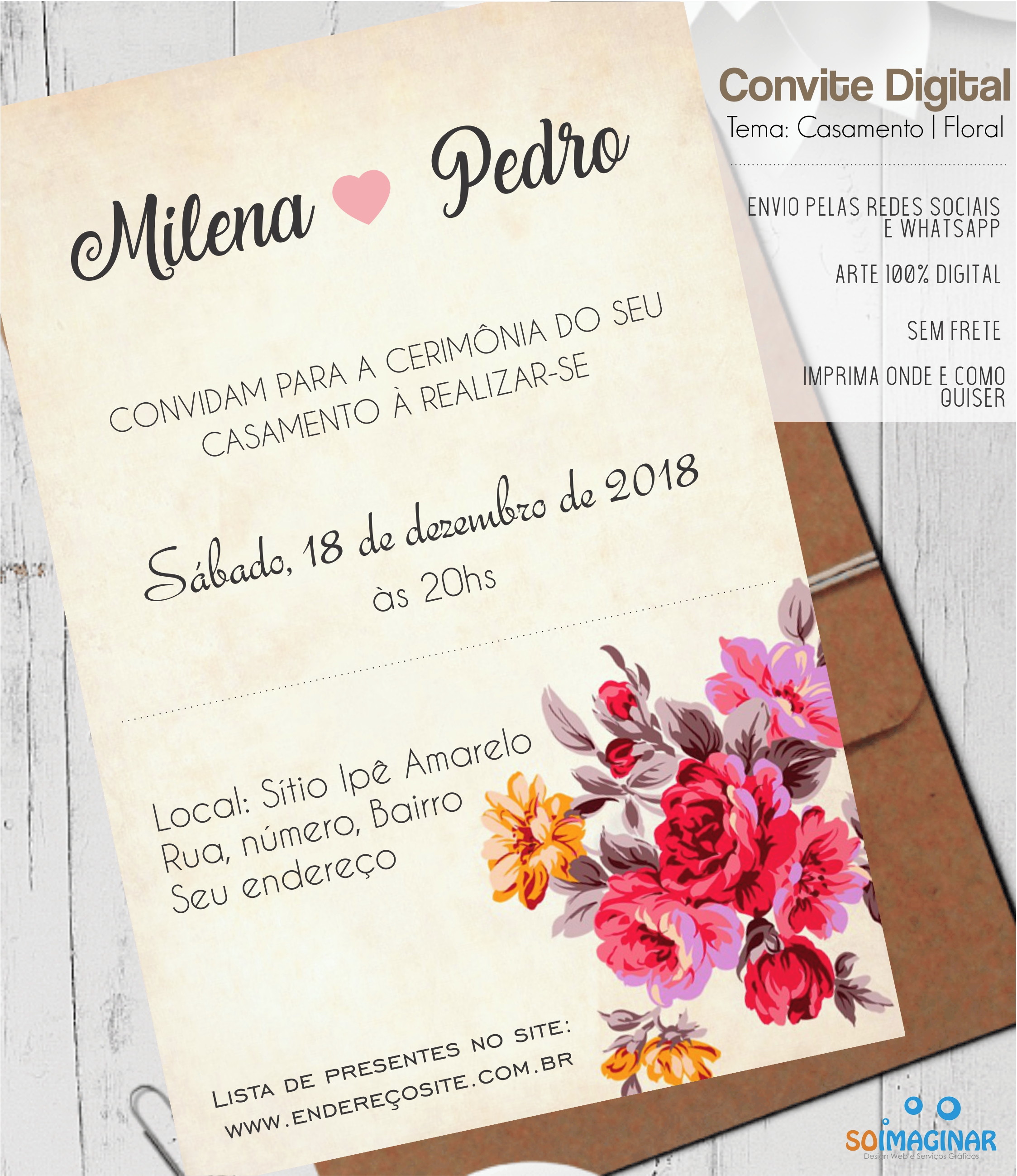 Convite de Casamento Floral Digital! Frete Grátis