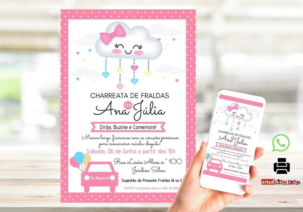 Convite Chuva De Amor Chá Bebê Fralda Digital Nuvem Chuva