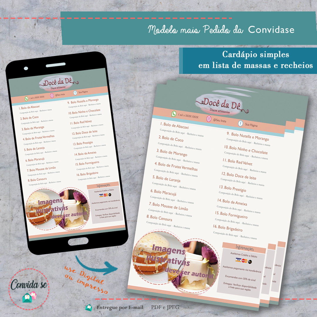 Cardápio - Digital - Massas E Recheios - Bolos - Confeitari no Elo7 | Convida Se (1370FE5) - cardapio de recheio de bolo