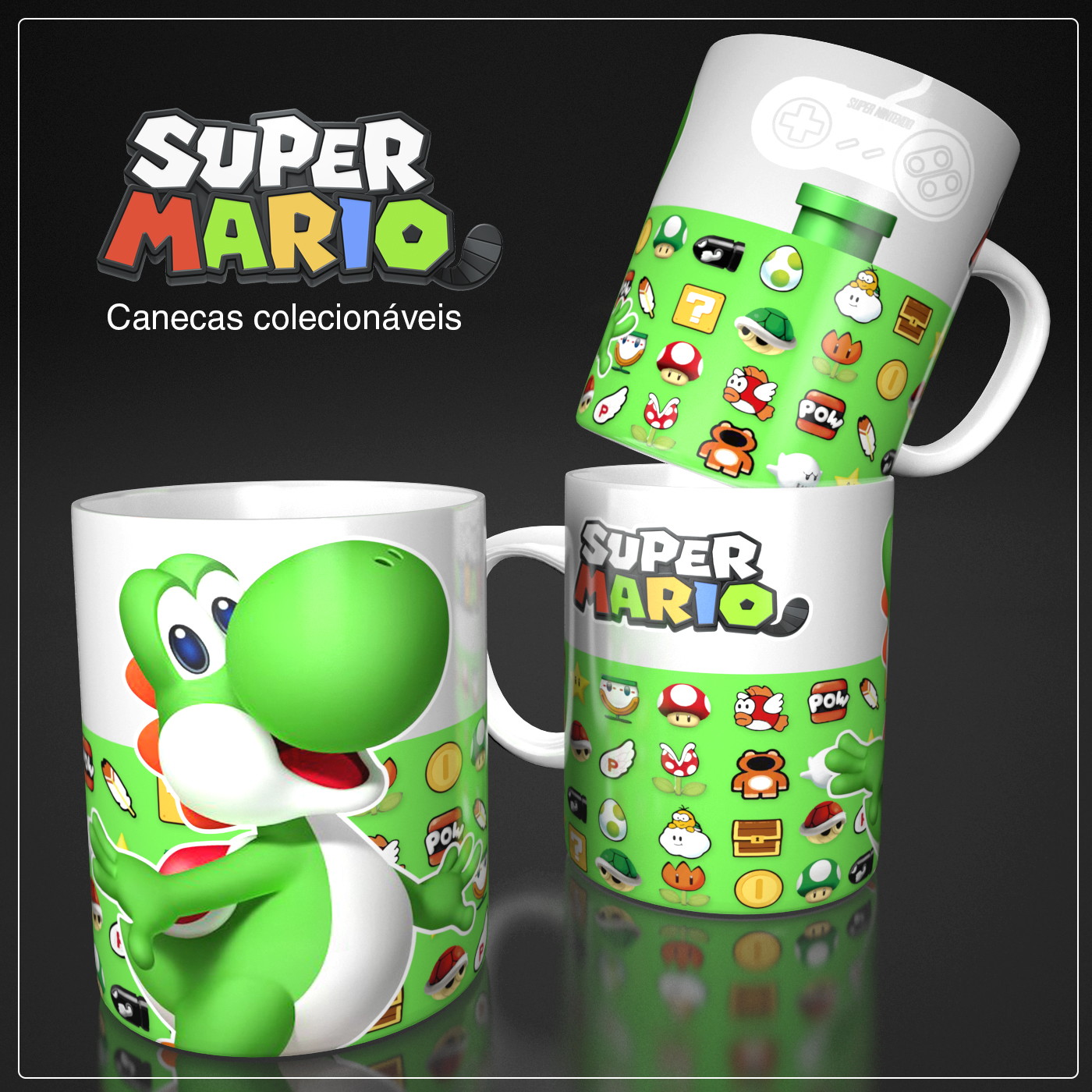 Caneca Yoshi Super Mario Jogo Efeito Plástico Bolha